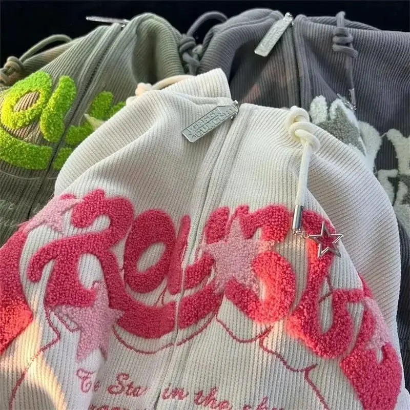 Veste à Capuche Y2K Harajuku Brodée Style Streetwear avec Zip
