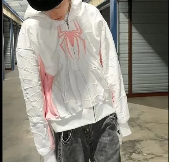 Sweat à Capuche Zippé Motif Araignée Style Y2K Harajuku
