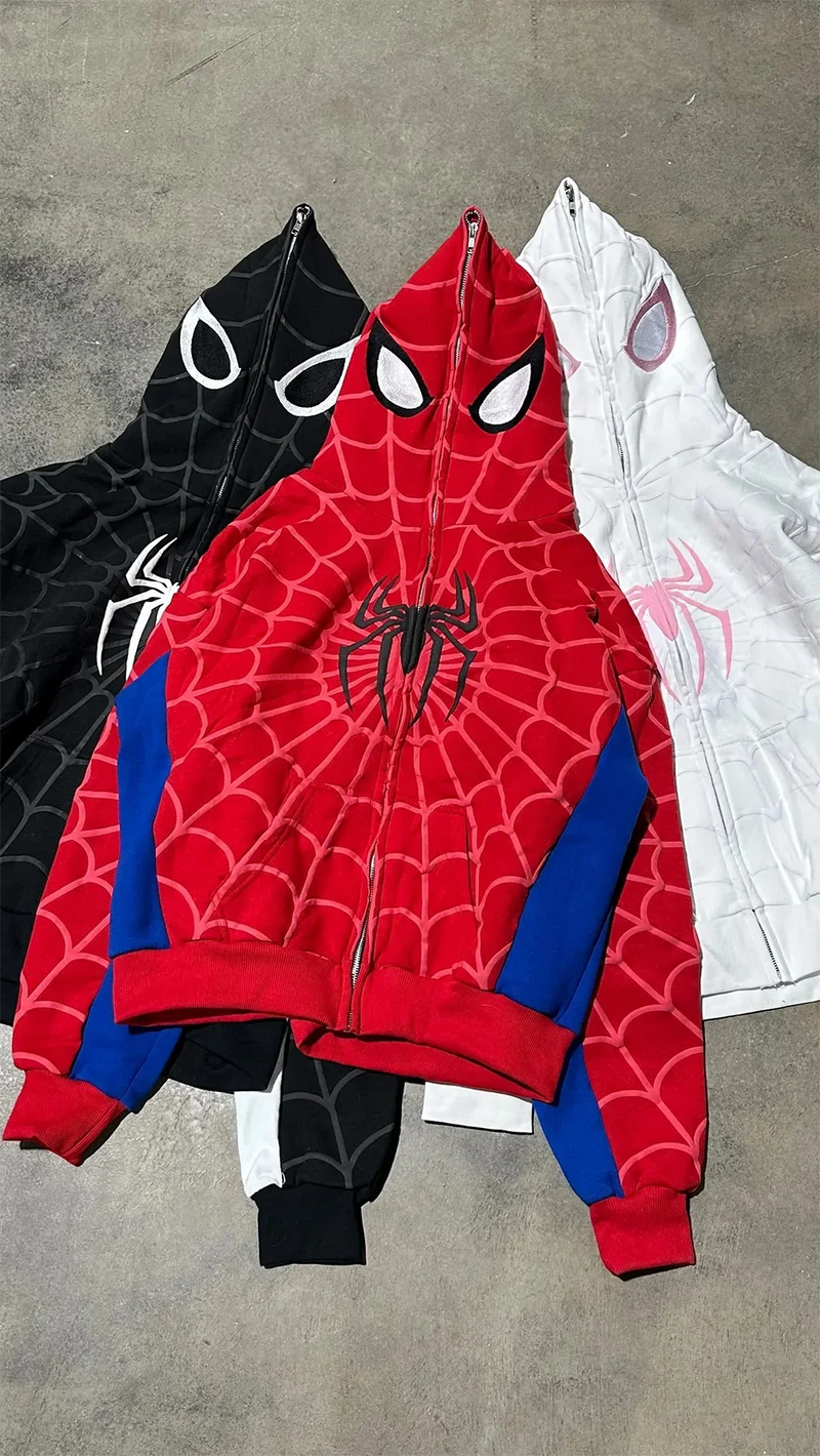 Sweat à Capuche Zippé Motif Araignée Style Y2K Harajuku