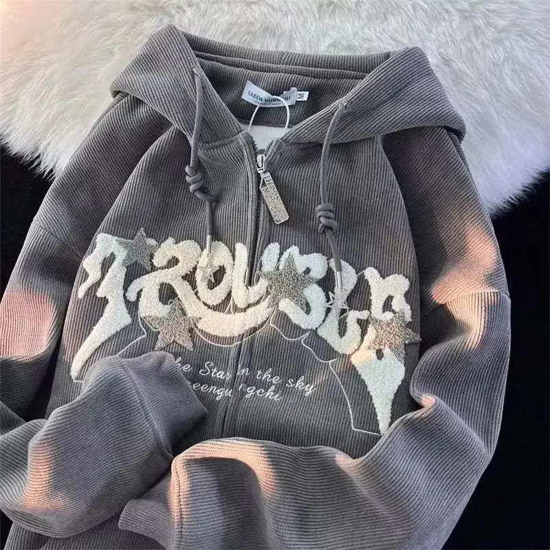Veste à Capuche Y2K Harajuku Brodée Style Streetwear avec Zip