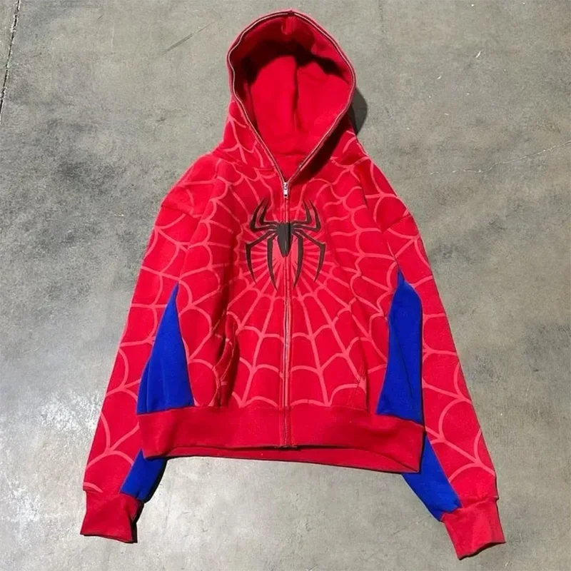 Sweat à Capuche Zippé Motif Araignée Style Y2K Harajuku